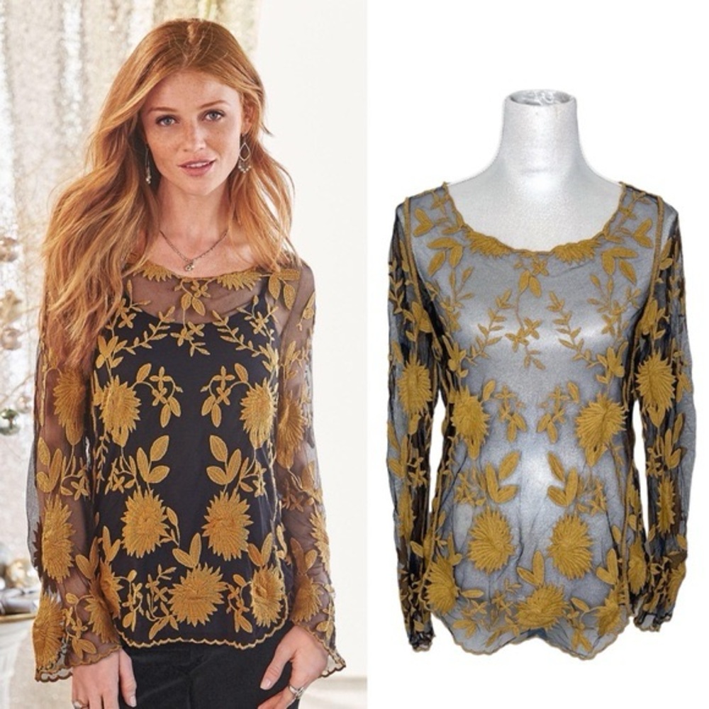 Sundance Goldenrod Embroidered Sheer Long Sleeve Floral Blouse